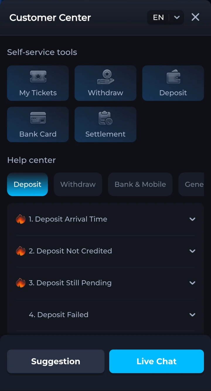 COME Customer Center with withdrawal help, My Tickets and Live Chat