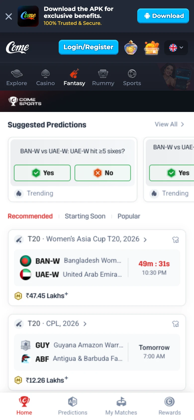 COME Fantasy prediction choices and Cricket match cards