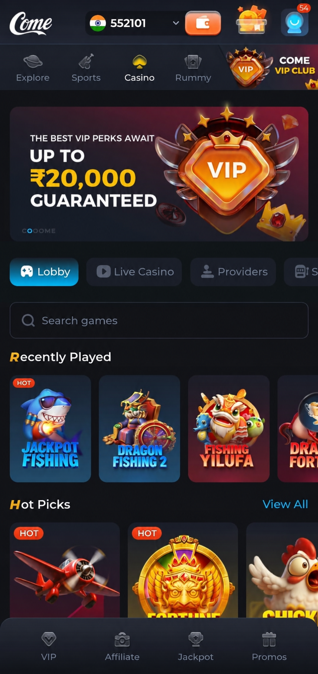 COME Android app interface showing the game dashboard